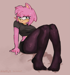 Size: 1001x1059 | Tagged: safe, artist:math9909, amy rose, hedgehog, 2026, alternate outfit, blushing, crop top, gloves off, grey background, heart, lidded eyes, looking at viewer, midriff, shadow (lighting), shirt, shorts, simple background, sitting, smile, smiling at viewer, solo, stockings