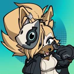 Size: 2048x2048 | Tagged: safe, artist:yesioarts, whisper the wolf, 2025, cheek squish, claws, looking offscreen, one fang, poking, smile, solo, tongue out, wink