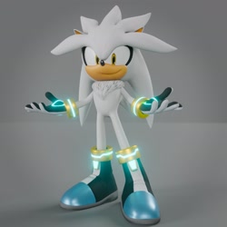 Size: 2048x2048 | Tagged: safe, artist:beastieprojects, artist:dokatzo, artist:gameguybenn, silver the hedgehog, 2026, 3d, blender (medium), chest fluff, glowing, gradient background, looking at viewer, neck fluff, smile, solo, standing