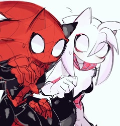 Size: 977x1024 | Tagged: safe, artist:usa37107692, amy rose, sonic the hedgehog, clothes, duo, eye clipping through hair, simple background, spider gwen, spiderman, white background