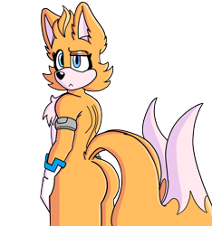 Size: 2896x3100 | Tagged: suggestive, artist:justsomeidiotonline, skye prower, fox, 2022, :<, butt, chest fluff, ear fluff, eyelashes, frown, looking offscreen, simple background, solo, standing, transparent background