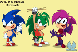 Size: 1904x1261 | Tagged: safe, artist:fanamationda, sonia the hedgehog, sonic the hedgehog, sonic underground, brother and sister, brothers, drumstick, grin, hand on hip, holding something, manic the hedgehog, mouth open, open smile, pointing, siblings, simple background, smile, trio, v sign, yellow background