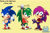 Size: 1904x1261 | Tagged: safe, artist:fanamationda, sonia the hedgehog, sonic the hedgehog, sonic underground, brother and sister, brothers, drumstick, grin, hand on hip, holding something, manic the hedgehog, mouth open, open smile, pointing, siblings, simple background, smile, trio, v sign, yellow background