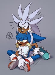 Size: 1446x1978 | Tagged: safe, artist:vagabondvani, silver the hedgehog, sonic the hedgehog, 2021, blushing, cute, duo, embarrassed, eyes closed, frown, gay, grey background, hugging, hugging from behind, lidded eyes, shipping, silvabetes, silver, silver x sonic, simple background, sitting, smile, sonic, sonic is not amused, squiggle, treads, unamused