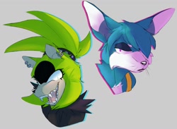 Size: 1398x1023 | Tagged: safe, artist:azuredreamrealm, kit the fennec, surge the tenrec, 2021, duo, ears up, fangs, frown, fur markings, grey background, headshot, lidded eyes, looking at viewer, outline, sharp teeth, shrunken pupils, simple background, smile, whiskers