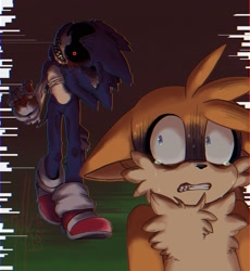 Size: 1882x2048 | Tagged: safe, artist:aqua_blu_cola, miles "tails" prower, sonic the hedgehog, oc, oc:sonic.exe, fox, hedgehog, 2021, black sclera, bleeding, blood, blood stain, chest fluff, clenched teeth, crying, duo, floppy ears, frown, glitch, looking at each other, scared, shadowed face, smile, standing, sweatdrop, tears, tears of fear, this won't end well, walking