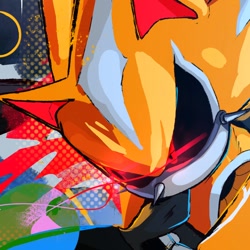 Size: 940x940 | Tagged: safe, artist:2kartz, metal sonic, neo metal sonic, 2026, abstract background, black sclera, glowing eyes, looking offscreen, robot, solo, super form, super metal sonic