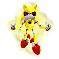 Size: 2800x2800 | Tagged: safe, artist:nibroc-rock, metal sonic, 2020, 3d, absurd res, black sclera, clenched fist, clenched fists, flying, looking at viewer, mid-air, robot, simple background, solo, super form, super metal sonic, transparent background