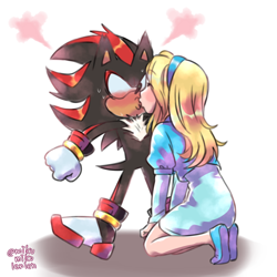 Size: 1200x1200 | Tagged: safe, artist:ariamikukanzaki, maria robotnik, shadow the hedgehog, hedgehog, human, 2021, age difference, blushing, clenched fist, duo, eyebrow clipping through hair, eyes closed, kiss, kneeling, maria x shadow, no pupils, pseudo-incest, shadow (lighting), shipping, signature, simple background, star (symbol), straight, surprise kiss, surprised, sweatdrop, white background