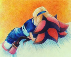 Size: 1460x1172 | Tagged: safe, artist:koshechka-ninja, maria robotnik, shadow the hedgehog, hedgehog, human, 2014, age difference, bed, duo, holding each other, kiss, lying down, lying on them, maria x shadow, pseudo-incest, shipping, straight