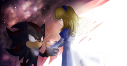 Size: 1338x700 | Tagged: safe, artist:unichrome-uni, maria robotnik, shadow the hedgehog, hedgehog, human, 2015, abstract background, age difference, duo, frown, galaxy background, holding hands, lineless, looking at each other, maria x shadow, pseudo-incest, shipping, shooting star, smile, standing, star (sky), straight
