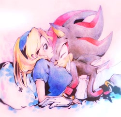 Size: 1223x1179 | Tagged: safe, artist:koshechka-ninja, maria robotnik, shadow the hedgehog, hedgehog, human, 2014, age difference, all fours, bed, blushing, duo, eyes closed, looking at them, lying down, maria x shadow, nuzzle, pillow, pseudo-incest, shipping, simple background, straight, white background