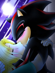 Size: 750x981 | Tagged: safe, artist:taleea, maria robotnik, shadow the hedgehog, hedgehog, human, 2006, abstract background, age difference, blushing, duo, eyes closed, hugging, indoors, kiss, maria x shadow, moon, nighttime, pseudo-incest, shipping, star (sky), straight, window