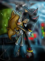 Size: 540x720 | Tagged: safe, artist:shadowandmariafe, maria robotnik, shadow the hedgehog, oc, oc:maria the hedgehog, hedgehog, 2011, abstract background, age difference, blushing, button, duo, holding them, indoors, lidded eyes, liquid, looking at each other, maria x shadow, mobianified, pseudo-incest, shipping, signature, space colony ark, standing, star (sky), straight, window