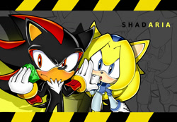 Size: 1024x709 | Tagged: safe, artist:paulicat-24, maria robotnik, shadow the hedgehog, oc, oc:maria the hedgehog, hedgehog, 2014, age difference, blushing, chaos emerald, duo, frown, holding something, looking offscreen, maria x shadow, mobianified, mouth open, protecting, pseudo-incest, ship name, shipping, standing, straight, style emulation, text, uekawa style, wallpaper