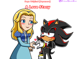 Size: 3991x3072 | Tagged: safe, artist:princesayasminstars, maria robotnik, shadow the hedgehog, hedgehog, human, 2024, age difference, blushing, duo, english text, heart, heart hands, lidded eyes, looking at each other, maria x shadow, pseudo-incest, shipping, simple background, smile, straight, text, white background