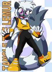 Size: 3900x5400 | Tagged: safe, artist:thelordoflemonz, tangle the lemur, lemur, 2026, character name, english text, looking at viewer, mouth open, open smile, smile, solo, standing, standing on one leg, text