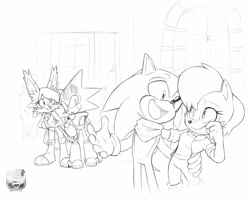 Size: 1280x1018 | Tagged: safe, artist:finimun, nicole the hololynx, sally acorn, shard the metal, sonic the hedgehog, chipmunk, hedgehog, lynx, 2018, clothes, female, holding them, looking at each other, looking at them, male, nicole x shard, quartet, robot, sally x sonic, scarf, shipping, straight