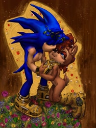 Size: 1536x2048 | Tagged: safe, artist:silly fixie, sally acorn, sonic the hedgehog, chipmunk, hedgehog, 2026, duo, female, flower, kiss, kiss on cheek, male, plant, sally x sonic, shipping, straight