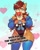 Size: 3249x4096 | Tagged: safe, artist:azul35art, sally acorn, chipmunk, 2026, abstract background, alternate outfit, busty sally, clothes, english text, female, gradient background, heart, holding something, jacket, looking at viewer, mouth open, open smile, plush, sally's ringblader outfit, smile, smiling at viewer, solo, sparkles, youtooz