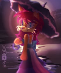 Size: 1707x2048 | Tagged: safe, artist:ronezarts, sally acorn, chipmunk, 2026, alternate outfit, backlighting, busty sally, clothes, dress, female, fully clothed, holding something, looking at viewer, looking back, looking back at viewer, plush, smile, smiling at viewer, solo, umbrella, watermark