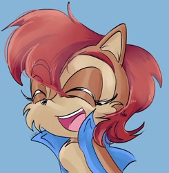 Size: 975x993 | Tagged: safe, artist:leso_universe, sally acorn, chipmunk, 2026, alternate version, blue background, eye clipping through hair, eyes closed, female, happy, mouth open, open smile, sally's vest and boots, simple background, smile, solo