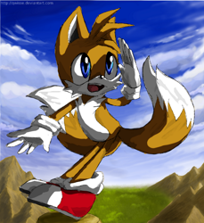 Size: 734x800 | Tagged: safe, artist:qwisse, miles "tails" prower, sonic cd, 2014, clouds, daytime, looking offscreen, mid-air, mountain, mouth open, outdoors, salute, smile, solo