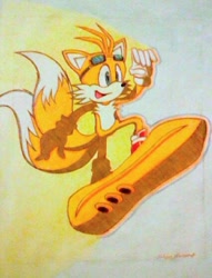 Size: 426x557 | Tagged: safe, artist:mel-sky, miles "tails" prower, 2011, extreme gear, goggles, looking offscreen, mouth open, riders style, smile, solo, sonic riders, style emulation, traditional media, watercolor