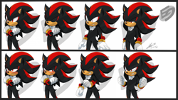 Size: 1000x562 | Tagged: safe, artist:f-sonic, shadow the hedgehog, 2016, angry, arms folded, blushing, border, clenched fists, embarrassed, expression sheet, eyes closed, frown, happy, lidded eyes, obtrusive watermark, shadow is not amused, shocked, smile, solo, standing, sweatdrop, unamused, watermark