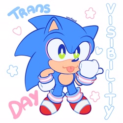 Size: 2048x2048 | Tagged: safe, artist:woniksonik, sonic the hedgehog, 2026, cute, english text, looking at viewer, pride, signature, simple background, smile, solo, sonabetes, star (symbol), text, tongue out, trans pride, trans visibility day, white background