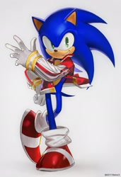 Size: 1403x2048 | Tagged: safe, artist:63117dstnc3, sonic the hedgehog, hedgehog, 2026, clothes, hand on hip, jacket, looking at viewer, male, poss, simple background, smile, solo, standing, white background
