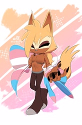 Size: 1341x2048 | Tagged: safe, artist:buddyhyped, whisper the wolf, oc, oc:mute the wolf, 2026, alternate universe, character name, claws, english text, eyes closed, frown, gender swap, holding something, pawpads, pride, reaching out, reaching towards the viewer, scar, solo, text, top surgery scars, trans boy whisper, trans male, trans pride, transgender