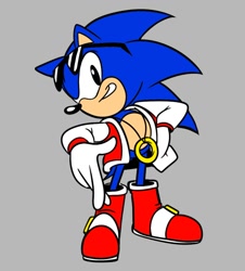 Size: 772x855 | Tagged: safe, artist:fishen_, sonic the hedgehog, 2026, boots, clothes, eyewear on head, grey background, hand on hip, jacket, looking at viewer, necklace, ring, simple background, smile, solo, standing, sunglasses