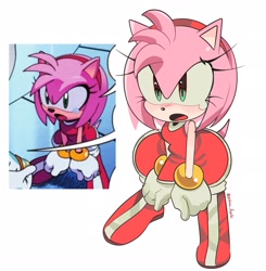 Size: 2005x2048 | Tagged: safe, artist:yukina_fuyuki, amy rose, 2026, looking offscreen, mouth open, redraw, reference inset, simple background, solo, standing, white background