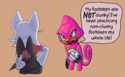 Size: 2048x1260 | Tagged: safe, artist:thesoundofspeed, espio the chameleon, rouge the bat, 2026, beige background, chaotix case files, dialogue, duo, english text, eye twitch, hands on hips, looking at each other, mouth open, pointing, shouting, simple background, speech bubble, standing, talking, text