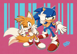 Size: 2048x1461 | Tagged: safe, artist:nanite, miles "tails" prower, sonic the hedgehog, fox, hedgehog, 2026, duo, faic, hand on face, l sign, lidded eyes, male, one eye closed, outline, pointing, signature, standing, tongue out