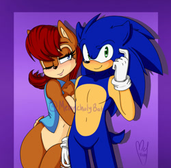 Size: 900x883 | Tagged: safe, artist:melancholybat, sally acorn, sonic the hedgehog, chipmunk, hedgehog, 2019, blushing, duo, female, leaning on them, male, purple background, sally x sonic, sally's vest and boots, shipping, simple background, straight, watermark