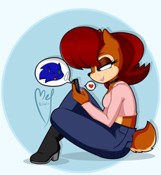 Size: 800x873 | Tagged: safe, artist:melancholybat, sally acorn, sonic the hedgehog, chipmunk, hedgehog, 2017, abstract background, alternate outfit, clothes, collar, female, fully clothed, heart, holding something, lidded eyes, looking at something, male, pants, phone, sally x sonic, shipping, shirt, sitting, smile, solo, speech bubble, straight, thumbs up