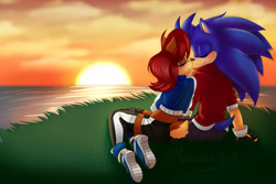 Size: 1024x683 | Tagged: safe, artist:melancholybat, sally acorn, sonic the hedgehog, chipmunk, hedgehog, 2020, clothes, duo, female, fully clothed, grass, jacket, male, outdoors, sally x sonic, shipping, shorts, sitting, snuggling, straight, sun, sunset, water, watermark