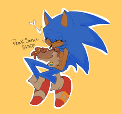 Size: 1125x1056 | Tagged: safe, artist:sonicbooom, sonic the hedgehog, 2024, chili dog, chili dog x sonic, crack shipping, cute, english text, eyes closed, flat colors, food, heart, holding something, kiss, outline, pride, shipping, simple background, solo, sonabetes, text, wat, yellow background