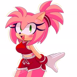Size: 2048x2048 | Tagged: safe, artist:artangelo381341, amy rose, hedgehog, alternate outfit, blushing, female, midriff, ponytail, shorts, solo, white background, workout outfit