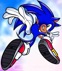 Size: 2048x2359 | Tagged: safe, artist:hedgehogenglne, sonic the hedgehog, 2024, clouds, looking at viewer, looking back, looking back at viewer, mid-air, posing, signature, sky background, smile, solo, style emulation, tan skin, treads, uekawa style, v sign