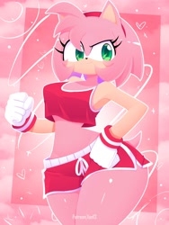 Size: 1500x2000 | Tagged: safe, artist:xan13, amy rose, hedgehog, alternate outfit, female, midriff, pink background, solo, thick thighs, wide hips, workout outfit