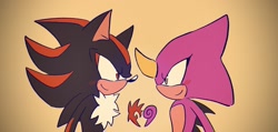 Size: 2048x972 | Tagged: safe, artist:aleespace-art, espio the chameleon, shadow the hedgehog, 2026, blushing, duo, gay, gradient background, looking at each other, shadow's logo, shadpio, shipping, smile