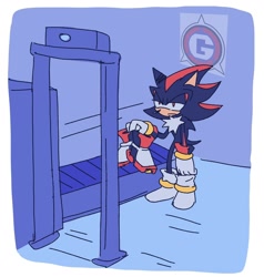 Size: 1562x1642 | Tagged: safe, artist:aleespace-art, shadow the hedgehog, fanfic:tinted shadows, 2026, fanfiction art, flat colors, frown, g.u.n logo, holding something, lidded eyes, shadow is not amused, shadow's hover skates, shoes off, socks, solo, unamused