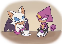 Size: 1466x1051 | Tagged: safe, artist:aleespace-art, espio the chameleon, rouge the bat, fanfic:tinted shadows, 2026, duo, fanfiction art, flat colors, lidded eyes, mouth open, sitting, table, talking, tea, teacup
