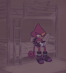 Size: 1416x1571 | Tagged: safe, artist:aleespace-art, espio the chameleon, fanfic:tinted shadows, 2026, bed, bedroom, bunk bed, fanfiction art, flat colors, frown, holding something, indoors, ladder, lidded eyes, looking at something, phone, pillow, sitting, solo