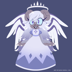 Size: 2048x2048 | Tagged: safe, artist:kanayanga, angel, barely sonic related, emily (hazbin hotel), hazbin hotel, mobianified, mouth open, open smile, ram, simple background, smile, solo