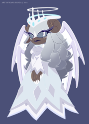 Size: 1468x2048 | Tagged: safe, artist:kanayanga, angel, barely sonic related, frown, hazbin hotel, mobianified, ram, sera, simple background, solo