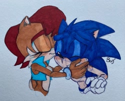 Size: 1280x1034 | Tagged: safe, artist:sweaterblitz, sally acorn, sonic the hedgehog, chipmunk, hedgehog, 2026, duo, female, kiss, kiss on cheek, male, pencilwork, sally x sonic, sally's vest and boots, shipping, simple background, straight, traditional media, tree